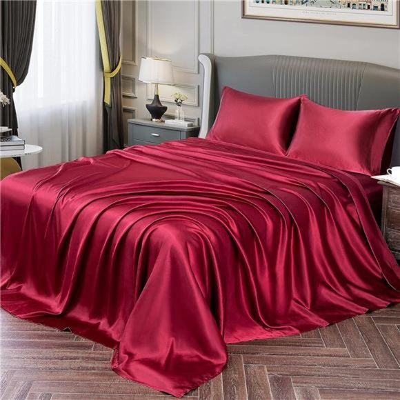 Satin Sheets 4 Piece, Wine Red Silky Bed Sheets Set, Sizes Available - Picture 1 of 6